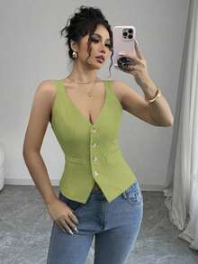 Camiseta sin mangas de un solo pecho de unicolor casual para mujer - Verde 5 - Ver 1