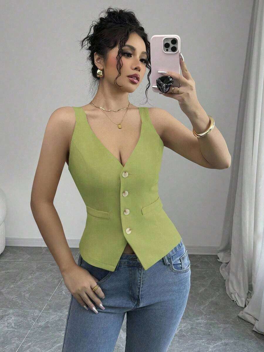 Camiseta sin mangas de un solo pecho de unicolor casual para mujer - Verde 5 - Ver 1