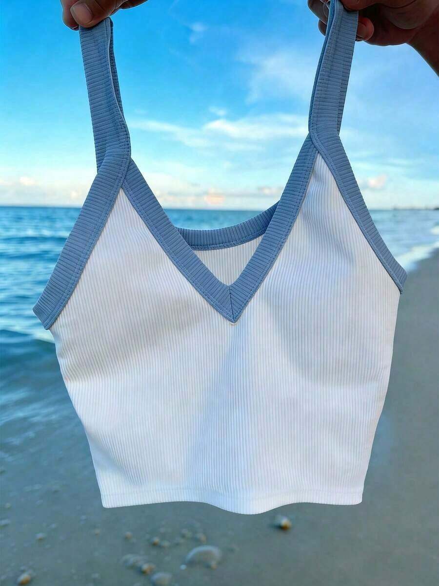 Top de tirantes corto de punto acanalado de unicolor minimalista para uso casual y diario de verano para mujeres - Multicolor 3 - Ver 1