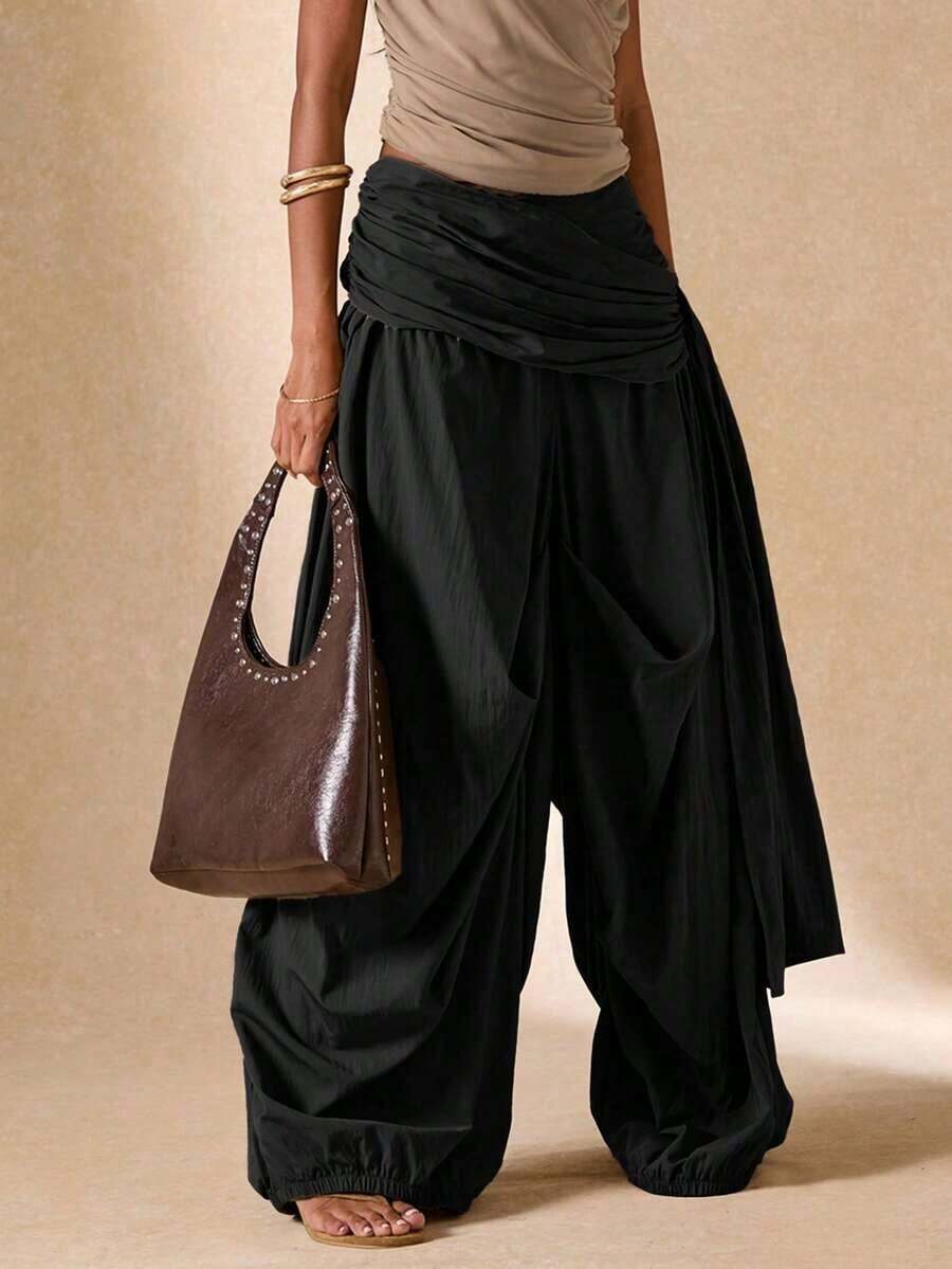 Pantalones sueltos y plisados de unicolor para uso diario de mujer - Negro - Ver 1