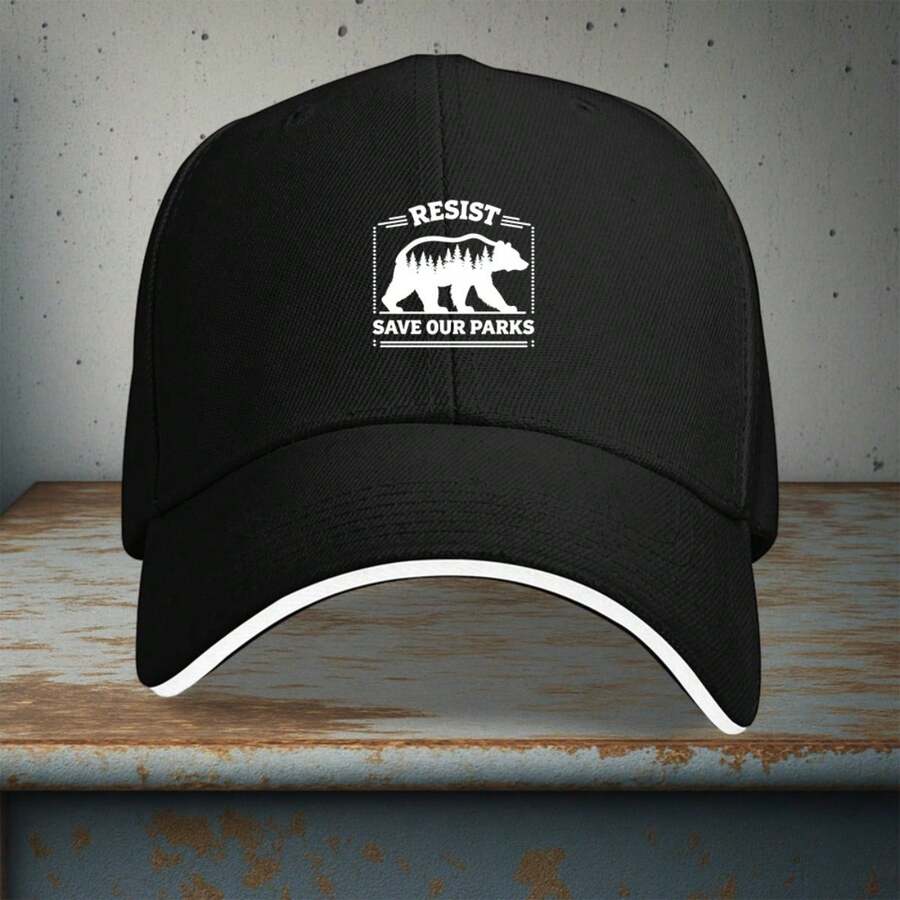 1pc "RESIST SAVE OUR PARKS With Bear Silhouette"Printed  Cap, Adjustable, Travel Cap, Suitable For All Seasons - Black - View 1