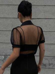 Blusa transparente de malla y gasa de manga corta minimalista para mujer, de estilo casual de negocios - Negro 4 - Ver 2