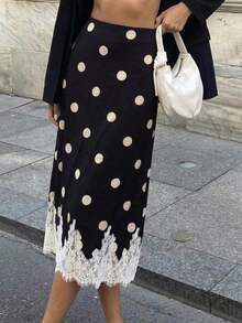 Falda de encaje con lunares vintage |   Base beige con lunares negros + dobladillo de encaje, vibra romántica para mujeres maduras. Falda de playa elegante de primavera con lunares contrastantes y empalme de encaje - Negro - Ver 3
