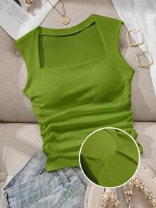 Camiseta ajustada con cuello cuadrado acolchado para mujer, primavera/verano - Verde Oliva - Ver 6