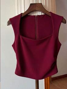 Camiseta de tirantes de mujer de color verde militar sólido con cremallera en la espalda, cintura fruncida a los lados, cuello cuadrado - Burdeos - Ver 4