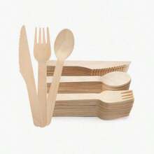 3/12/25/50/100pcs/Set Disposable Wooden Cutlery Set, Includes Knife, Fork And Spoon, Suitable For Christmas, Thanksgiving, Birthday, Wedding And Home Decor, Also Applicable For Home Kitchen, Restaurant, Hotel, Kitchen Supplies And Tableware. - Multicolor - View 2