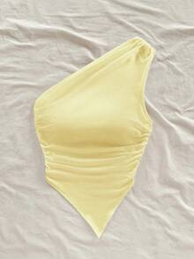 asimétrica con hombro descubierto de color amarillo pálido, adecuada para vacaciones de verano - Amarillo - Ver 7