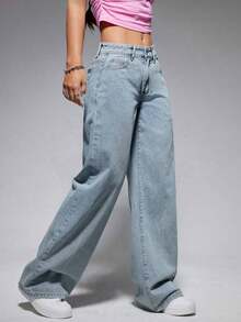 ICON Solid Color Wide Leg Pocket Jeans, Casual And Versatile - Light Wash 3 - View 10