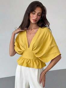 Blusa de manga de murciélago de unicolor elegante para mujer, de verano - Amarillo claro - Ver 5