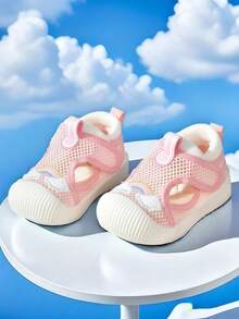 1 par de zapatos deportivos casuales planos para niños con , malla transpirable con diseño de nubes arcoíris, antideslizantes, aptos para primavera y otoño - Rosa - Ver 4