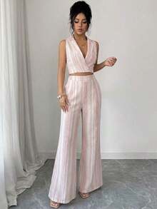 Nuevo conjunto de 2 piezas de primavera/verano con top sin mangas de lino texturizado a rayas azul y blanco, y pantalones casuales acampanados con bolsillos duales, elegante estilo casual - Rosa - Ver 3
