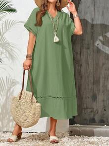 Vestido casual holgado de unicolor con cuello en V y mangas cortas para mujer de talla grande - Dark Gold - Ver 6