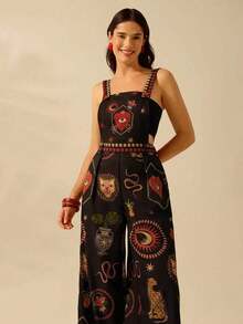Mono negro casual de vacaciones de verano para mujer con diseños estampados bohemios de leopardo tropical, caparazón de tortuga de bambú, ojo del diablo, serpiente y pájaro, con bolsillos grandes y tirantes - Multicolor - Ver 12