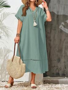 Vestido casual holgado de unicolor con cuello en V y mangas cortas para mujer de talla grande - verde menta - Ver 6