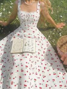 MOD Vestido floral con panel delantero de encaje, cuello cuadrado, espalda recogida con lazo, vestido de fiesta, vestido de brunch, vestido de vacaciones, vestido de banquete, vestido del Día de San Valentín, atuendos de vacaciones en la playa, estilo bohemio, vestidos de verano, vestido maxi floral blanco y azul para invitada de boda, estilo cottagecore, vestido línea A sin mangas de cuello cuadrado, vestido de verano elegante para boda en jardín, fiesta de cóctel, compromiso, reunión festiva - Rojo y blanco 2 - Ver 1