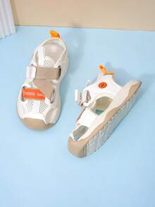 Sandalias funcionales para niños, malla transpirable con , patchwork negro y blanco, zapatos para exteriores resistentes y antideslizantes para la playa para niños, múltiples colores, malla transpirable, ligeros, fácil de poner y quitar, cómodos con acolchado, punta redonda, bajo, correa trasera, suela gruesa, adecuados para verano, playa, vacaciones - Beis - Ver 4