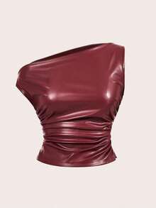 Top para mujer, moda casual de estilo callejero de los 90, primavera y otoño, unicolor, cuello plisado, top de tanque de PU sin mangas, adecuado para salir y fiestas - Rojo - Ver 2