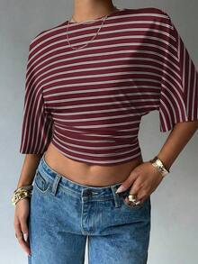 Blusa de verano para mujer con diseño de manga murciélago, cuello redondo, fruncido y estampado floral de tinte de agua en tonos cálidos, ideal para playa/vacaciones, un look casual, minimalista y elegante - Multicolor 2 - Ver 3