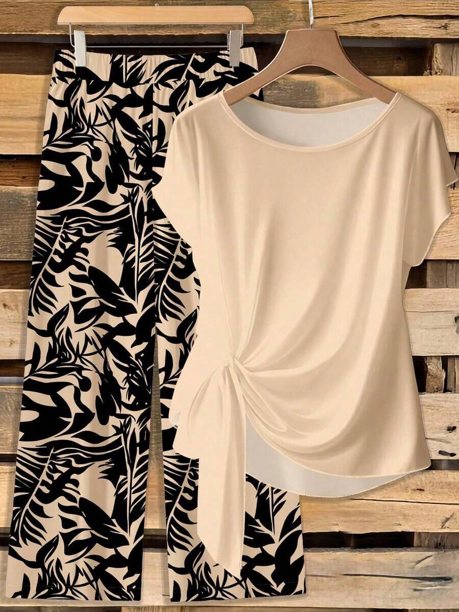 Set de 2 piezas: Blusa morada con lazo minimalista casual + Pantalones rectos holgados con estampado floral, adecuado para vacaciones de primavera/verano - Multicolor 15 - Ver 1