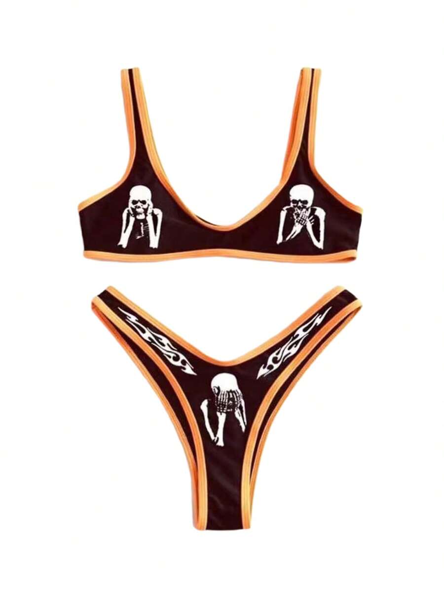 Women Two-piece Bikini with Skull Print, Adjustable Shoulder Strap Summer Swimming Pool Clothing - Negro y naranja - Ver 1
