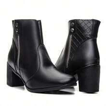 Women's Ankle Boot With Chunky Heel And Side Zipper - Elegant New Winter Collection - Brown Boot With Low Heel - màu đen - Xem 5