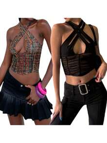 Women Sexy Hollow Out Vest, Solid Color/ Plaid Printed Pattern Halter Neck Crop Tops - Black - View 9