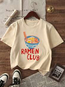 1 Girls' Short Sleeve Crew Neck T-Shirt With Ramen Print, Summer Clothes For Young Students And Teens - The Ramen Print T-Shirt Brings Joy And Happiness To Every Child! RAMEN CLUB - 白色 - 查看 3