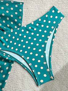 Swim Mod Conjunto de bikini de 3 piezas con estampado de lunares, escote halter y espalda con lazo, para vacaciones en la playa, atuendo de primavera, carnaval 2026, elegante, casual, traje de baño con falda - Verde - Ver 4