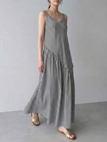 Vestido casual de mujer con rayas y bajo asimétrico, para verano - Blanco y Negro - Ver 2