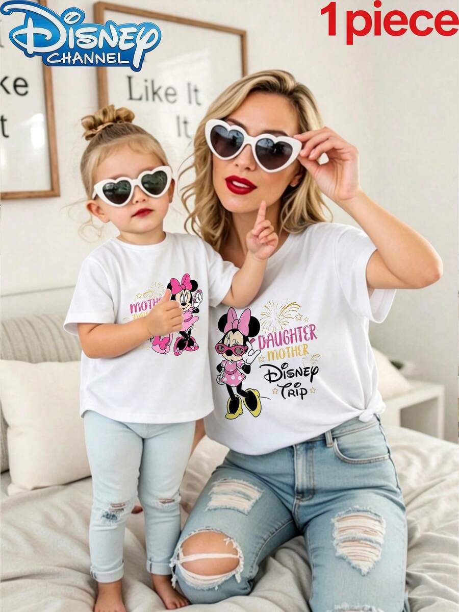 Disney 1pc Girls Casual Mother Daughter Minnie Mouse Print Short Sleeve T-Shirt Mommy And Me Matching Outfits Clothes For Women And Girls Summer - 白色-mama - 查看 1