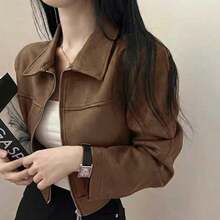 Chaqueta con cremallera de unicolor y cuello de ante sintético para mujer, uso casual para la escuela, el aeropuerto, primavera/otoño - Marrón - Ver 3
