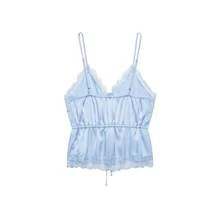 Dravelle DEEKA Spring/Summer New Women's Fashion European And American Style Minimalist Sexy Lace Decor Satin Blouse Casual - Baby Blue - View 2