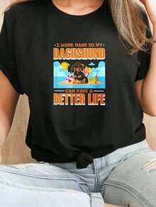 Women's Short-Sleeve Casual Crew Neck T-Shirt With Dachshund Graphic Print, 100% Cotton, Casual Blouses For Women - 黑色 - 查看 1