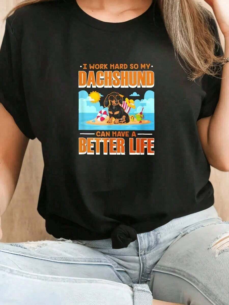 Women's Short-Sleeve Casual Crew Neck T-Shirt With Dachshund Graphic Print, 100% Cotton, Casual Blouses For Women - 黑色 - 查看 1