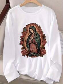 Autumn/Winter Collection: Women's Casual Long-Sleeve T-Shirt, Polyester Knit Fabric, With Virgin Mary Applique, Round Neck, Regular Length. Women's Printed Round Neck T-Shirt, 100% Cotton. - 白色 - 查看 5