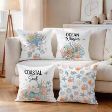 4pcs/Set Blue & Orange Ocean Creature Shell Pattern Pillow Cover, Single-Sided Printed Cushion Cover, Suitable For Living Room, Bedroom, Home Decor, All Seasons - Multicolor - View 7