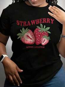 Women's Summer T-Shirt With Vintage Strawberry Print, Strawberry Fruit Design, Active Lifestyle Text, Casual Summer Clothing, Fashion Top For Women - 黑色 - 查看 1