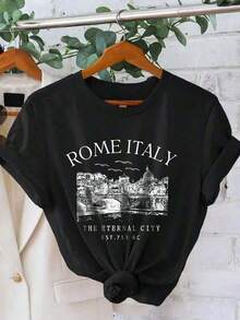 1 Piece Women's T-Shirt With Print Of The Eternal City Of Rome, Italy, Italian Skyline Design, Round Neck, Short Sleeve, Casual, 180g, 100% Cotton. - 黑色 - 查看 11