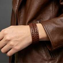 1pc Minimalist Retro Woven Leather Bracelet, Casual Daily Accessory For Men - Brown - View 3