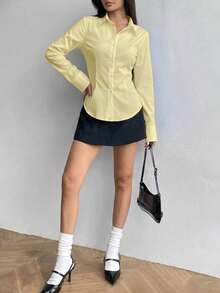 Camisa de manga larga con cuello y botones, de corte slim, de primavera/otoño para mujer, de moda minimalista, elegante y casual, esencial para deportes - Amarillo - Ver 5