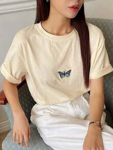 Camiseta con bordado de mariposa de manga murciélago playeras de mujer algodon - Estilo VII - Ver 2