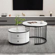 Elegant Set Of 2 Stackable Coffee Tables In White, 60*60*45.5 Cm And 50*50*32 Cm, Round With A Glossy Marble Effect Finish, 2 Drawers, Load Capacity Up To 30 Kg, Combination Of Stackable Coffee Tables. - Black and White - View 12