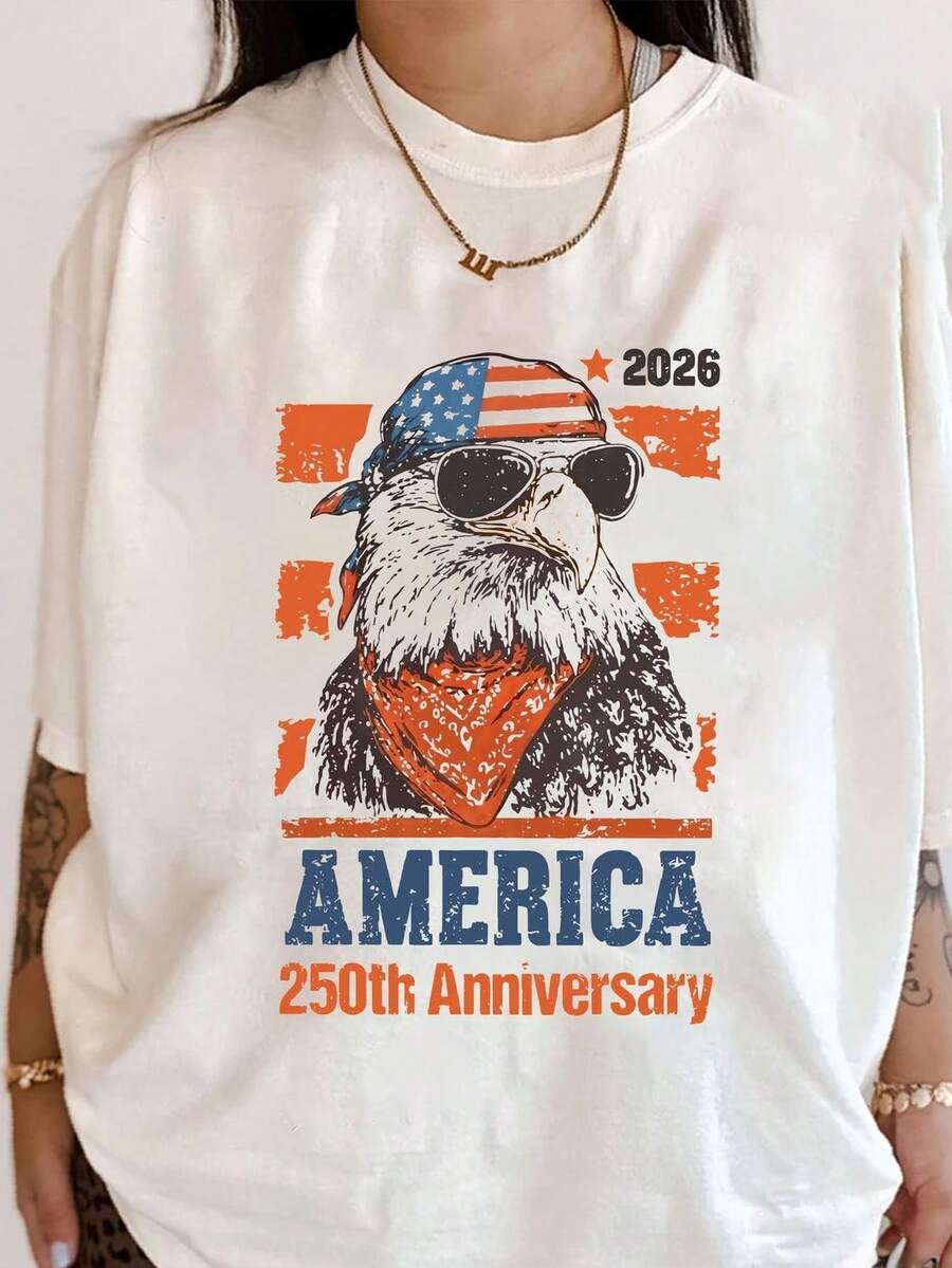US 250th Anniversary T-Shirt, 17762026, Emblem Of America 250, Semi-Quinceañera, 4th Of July T-Shirt. Unisex 220g Pure Cotton T-Shirt. Ideal Weight For All Seasons, Suitable For Men And Women. Durable, High-Quality Fabric, Soft To The Touch And Long-Lasting. Breathable Top. Suitable For Spring And Summer, Holidays, Mother's Day, Independence Day. - 白色 - 查看 1
