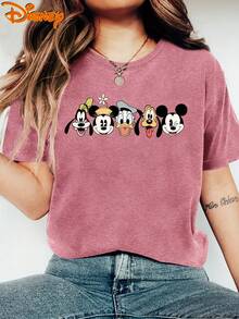Authentic Women's Disney Short-Sleeve Vintage Cartoon Mickey Mouse Family Disney World Commemorative Double-Sided Print Crew Neck Summer T-Shirt, Suitable For Spring, Summer, And Autumn, Disney Trip, Fashionable Casual Daily Commute Vacation - Màu đỏ gạch - Xem 2