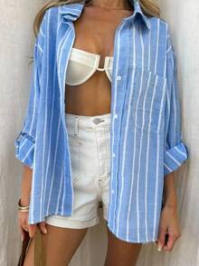 Camisa casual de mujer de un solo pecho con hombros caídos y mangas enrolladas a rayas - Azul - Ver 3