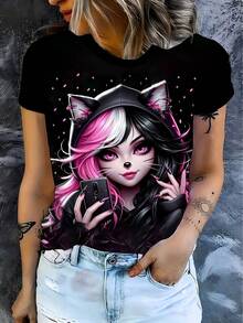Camiseta de Mujer de Moda Anime Ángel Lindo , Estampado 3D, Manga Corta, Cuello Redondo, Casual, Vintage, Fábrica Directa, Ropa de Mujer, Blusa Holgada, Recomendada para Todas las Estaciones - Negro - Ver 12