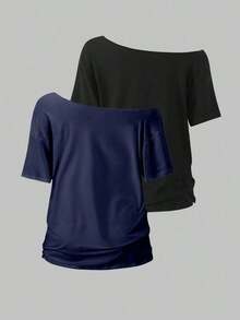 Camiseta blanca holgada con cuello asimétrico para mujer - Multicolor 10 - Ver 2