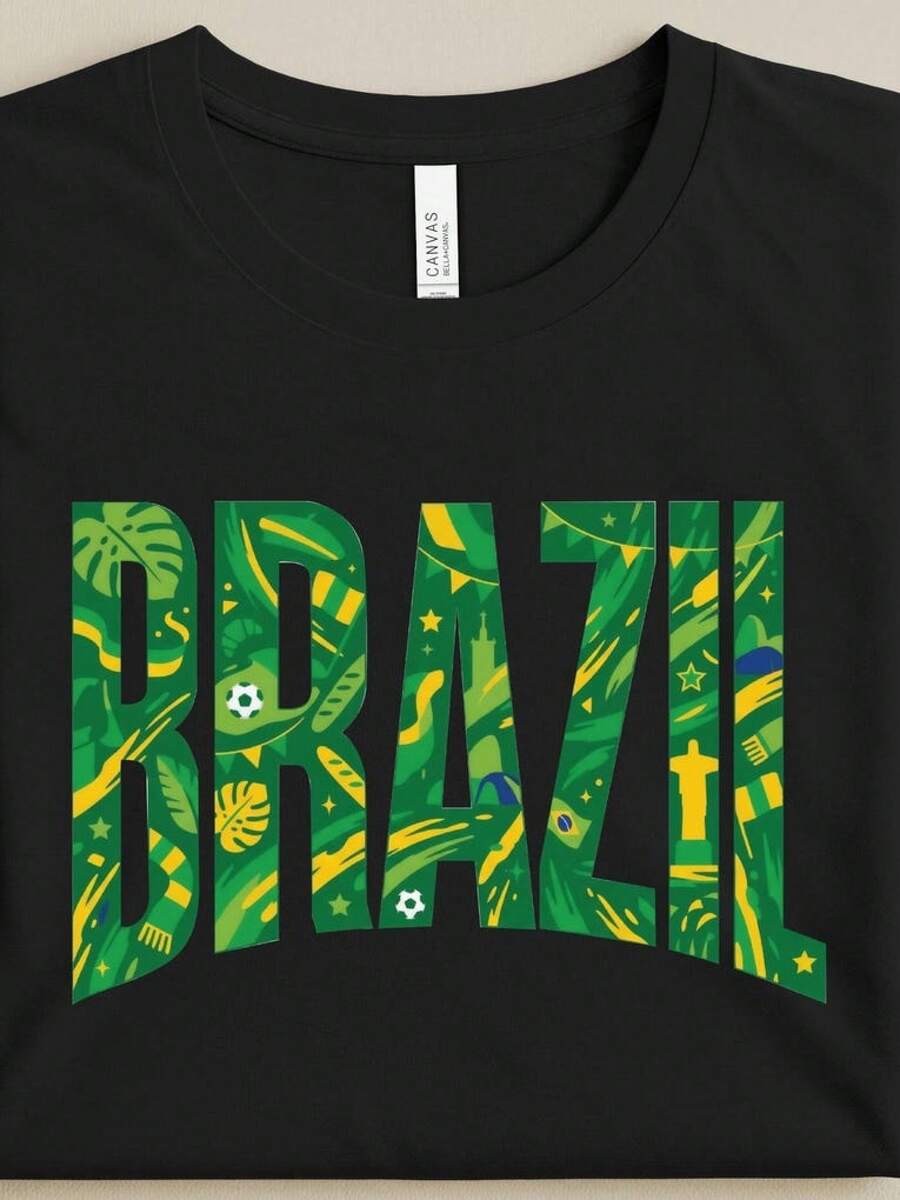 Unisex T-shirt i ren bomull, T-shirt med Brasilien-tryck, T-shirt med tropisk typografi, Grön-gul unisex T-shirt, T-shirt inspirerad av Brasilien, Topp med landskapsmotiv, sommar-T-shirt, sommaroutfit för kvinnor, sommaroutfit för män, dam-T-shirt, Kreativ design, Utomhuslek, Cool stil, Rolig design, Söt stil, Sommaroutfit - Svart - Visa 1