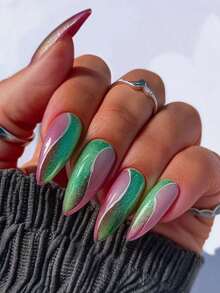 24Pcs Pink & Green Glitter Swirl Almond Press-On Nails With Gradient Color Block & Sparkle Finish - Multicolor - View 1