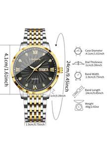 1pc Men's Quartz Wrist Watch, Gold-Tone Alloy Band, Calendar, Diamond-Encrusted Roman Numeral Dial, Business & Casual Style, Gift For Boyfriend (1pc/Set, Watch Box Not Included) - Black - View 4